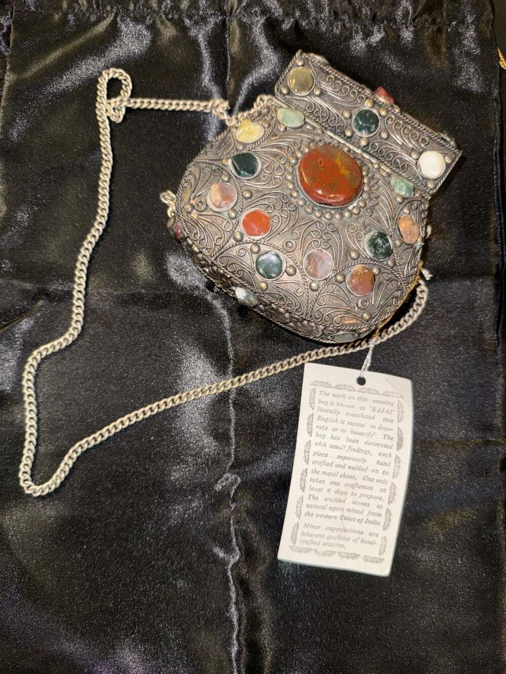 Vintage Sajai Metal Purse With Natural Agate Jasper Stones